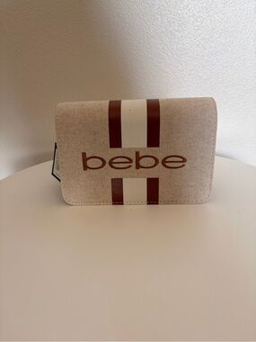 bebe Beige Clutch with Brown and Cream Stripe Accent